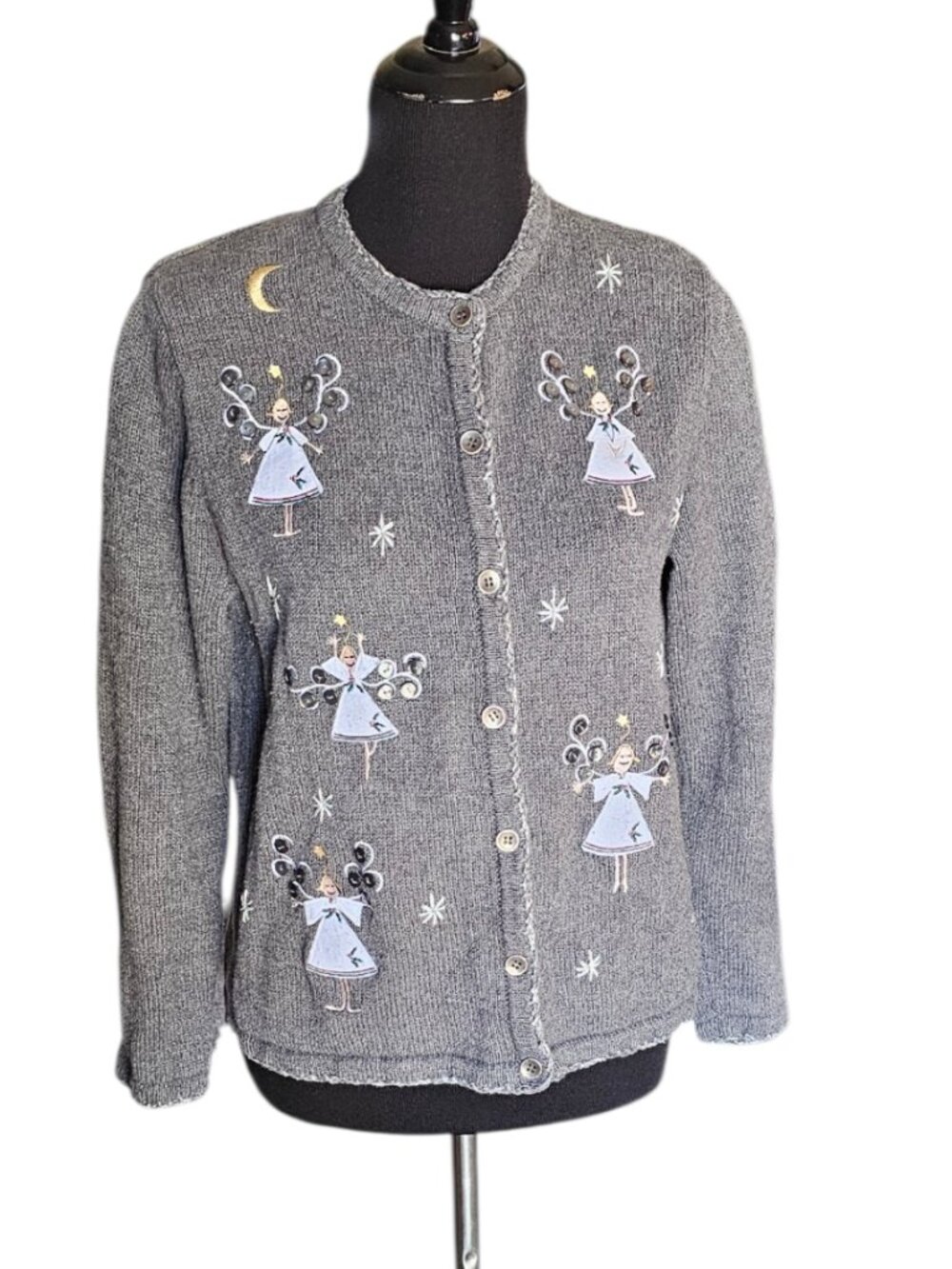 Breckenridge Angel Cardigan Gray Christmas Sweater Whimsical Teacher M